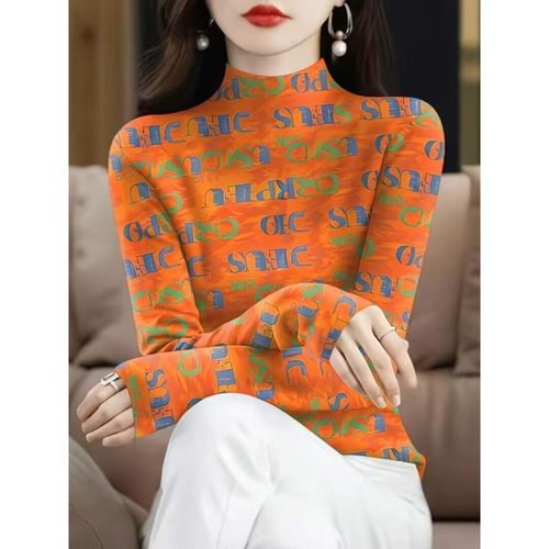 2025秋冬女装遮肚时尚显瘦T恤上衣妈妈时尚减龄薄款半高领袖扣