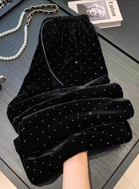 清仓捡漏~黑色金丝绒满天星烫钻阔腿裤女宽松高腰洋气直筒裤长裤