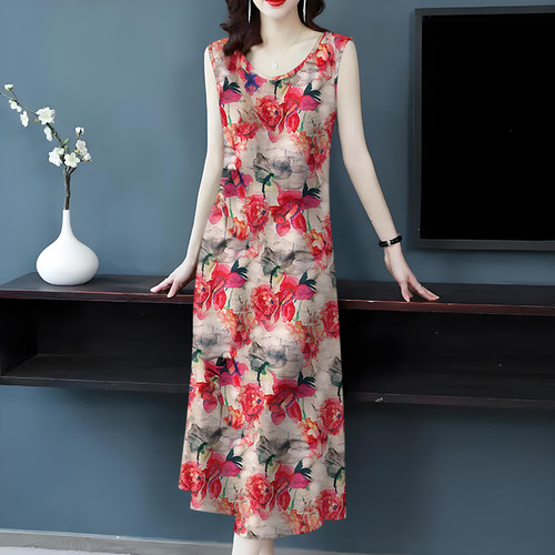 广州十三行高端爆款~中老年气质减龄妈妈装背心吊带中长款连衣裙