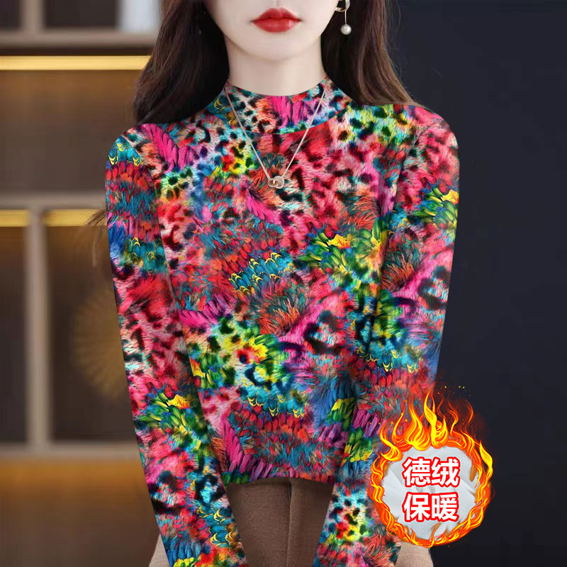 广州十三行高端爆款~洋气德绒女自发热印花半高领打底衫保暖T恤潮