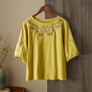宽松显瘦棉麻圆领套头小衫 上衣女夏季 衬衫 重工刺绣高端苎麻七分袖