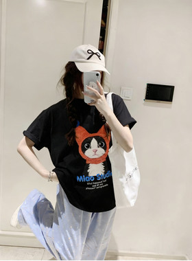 童趣小红帽猫咪印花短袖T恤女新款小众圆领显瘦休闲减龄半袖夏