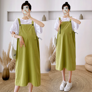 大码孕妇背带裙夏季套装r高级感胖MM时尚洋气宽松短袖连衣裙200斤