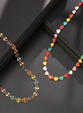 日韩小清新简约风彩油爱心圆牌拼接链条项链O女 不锈钢锁骨链饰品