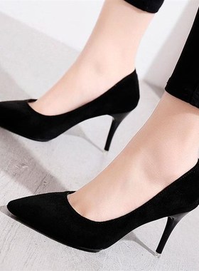 3cm低跟高跟鞋子女大码q41一43黑色细跟5职业工作皮鞋小码尖头单