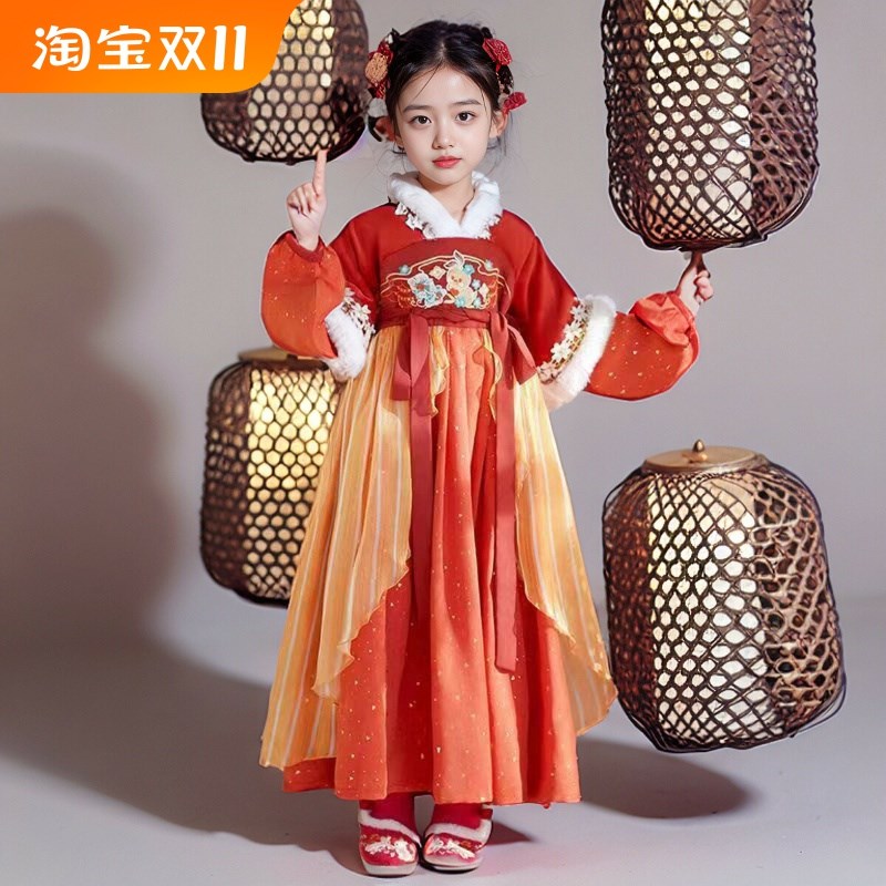 汉服女童b冬款加绒唐装中国风超仙儿童拜年服女孩公主连衣裙锦鲤