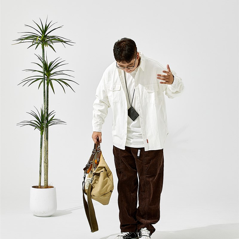 陈达浪不太胖大i码男装秋季新款白色衬衫咖啡色长裤搭配套装宽松