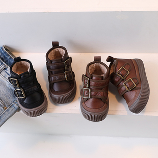 儿童高筒鞋男童鞋子秋冬款2023年韩版加绒棉鞋板T鞋皮面百搭运动