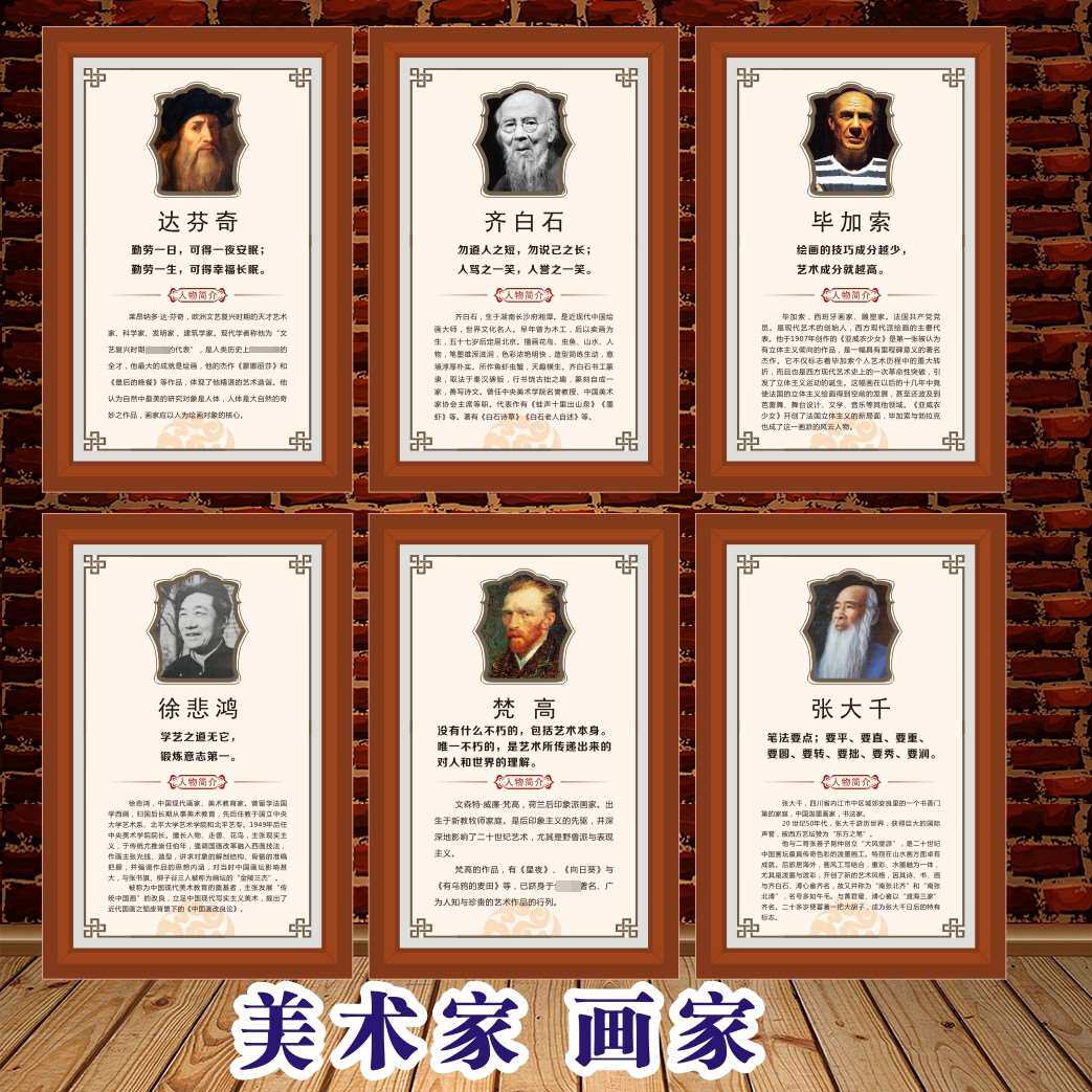 画家美术家简介学校教室装饰画海报画像励志标语学校教室布置墙贴