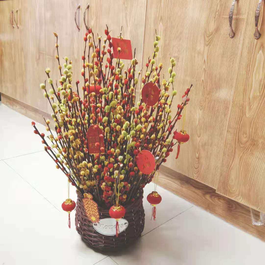 锦州当地花店暖橙红色系银芽柳新春插花冷紫色北欧风棉花干花摆件