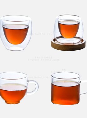 耐热玻璃品茶杯普洱红茶功夫茶具小茶杯子透明双层隔热品茗杯木托