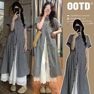 2025夏装新款格子衬衫孕妇x连衣裙韩版宽松半身裙孕妇叠穿两件套
