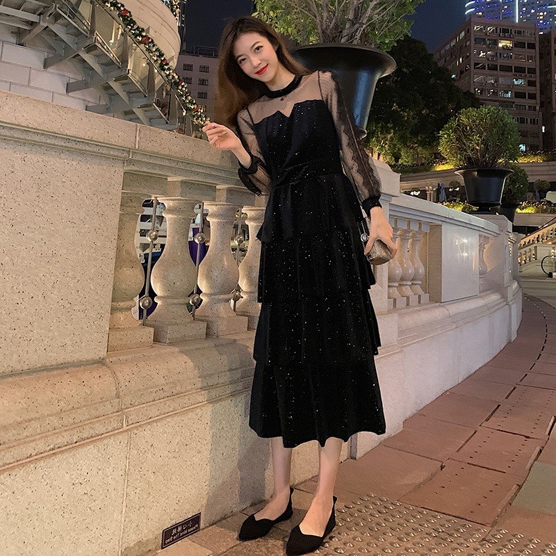 胖mm大码女装i2021秋冬新款显瘦丝绒连衣裙网纱亮片拼接洋气蛋糕