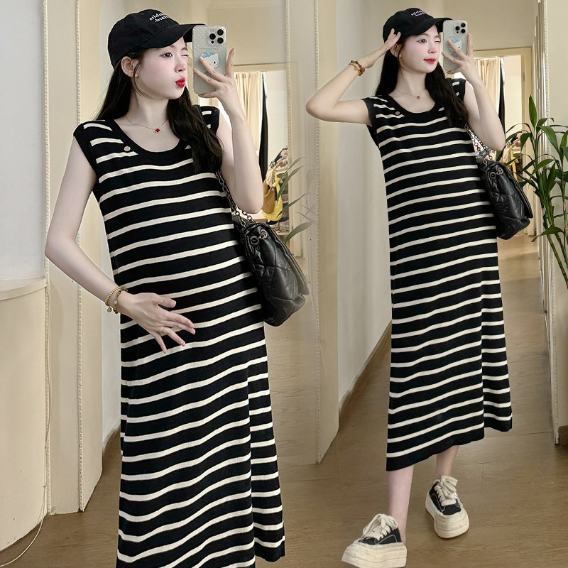 孕妇装202g4新款夏款经典条纹背心裙休闲圆领中长款过膝连衣裙显