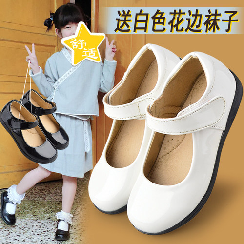 学生白色皮鞋大中小女孩子软底表演D出鞋儿童单鞋花童女童黑色皮