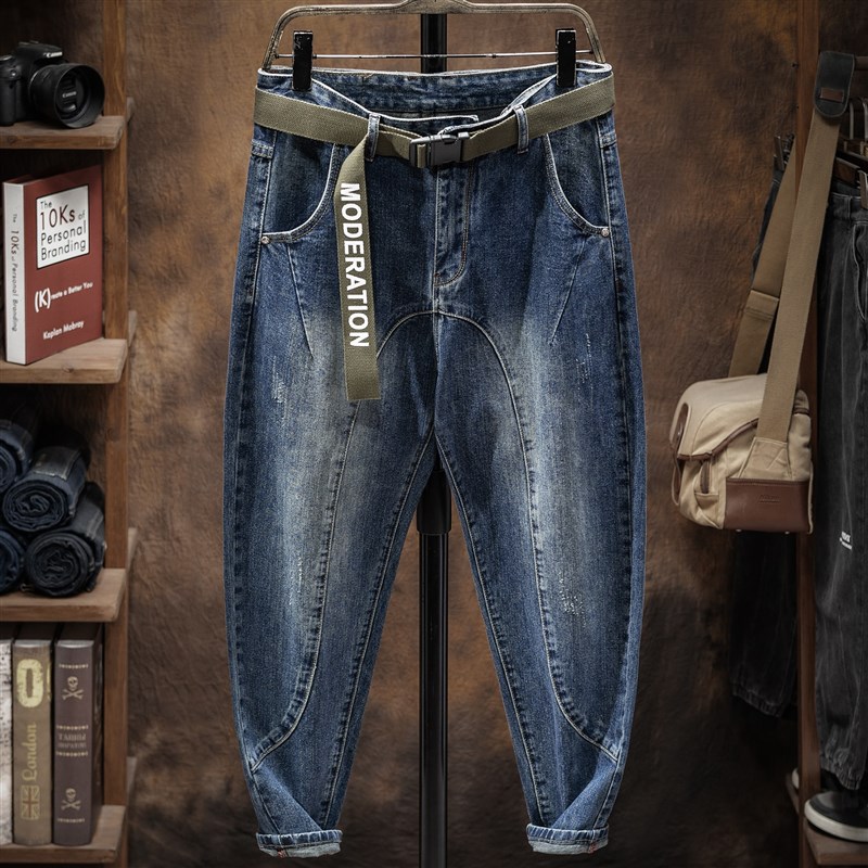 大m工作牛仔裤男斜插口袋潮v牌拼接耐磨秋冬款宽松潮胖收腿哈伦裤