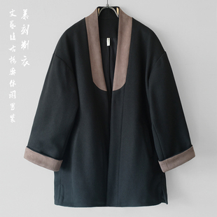 秋冬新款男士休闲宽松毛呢汉服外套中式复古潮流青年拼色开衫道袍