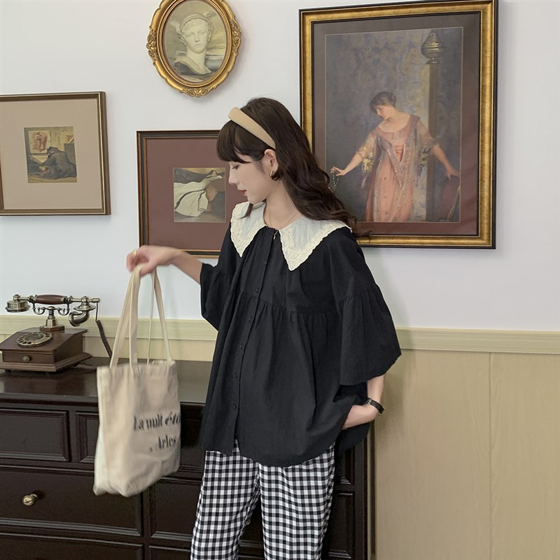 别致蕾丝领~孕妇装夏装衬衫上衣喇叭袖娃娃M衫宽松显瘦A字可哺乳