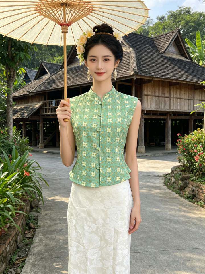 新款云南西双版纳傣族服装傣装无袖款背心套装绑带日常百搭女装