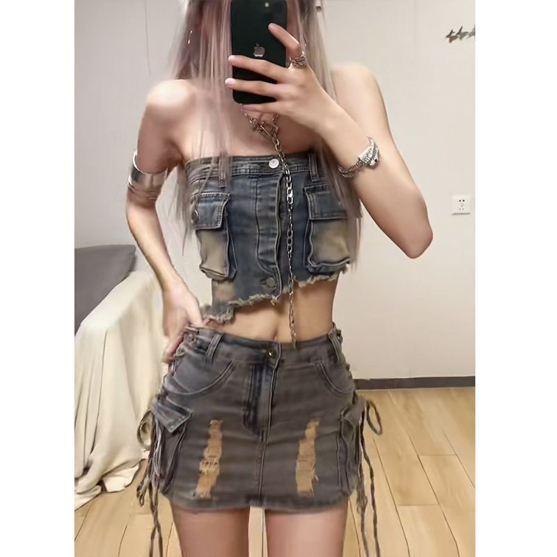 美式辣妹风牛仔抹胸上衣女高腰修身显瘦短裙子两件套性感炸街套装