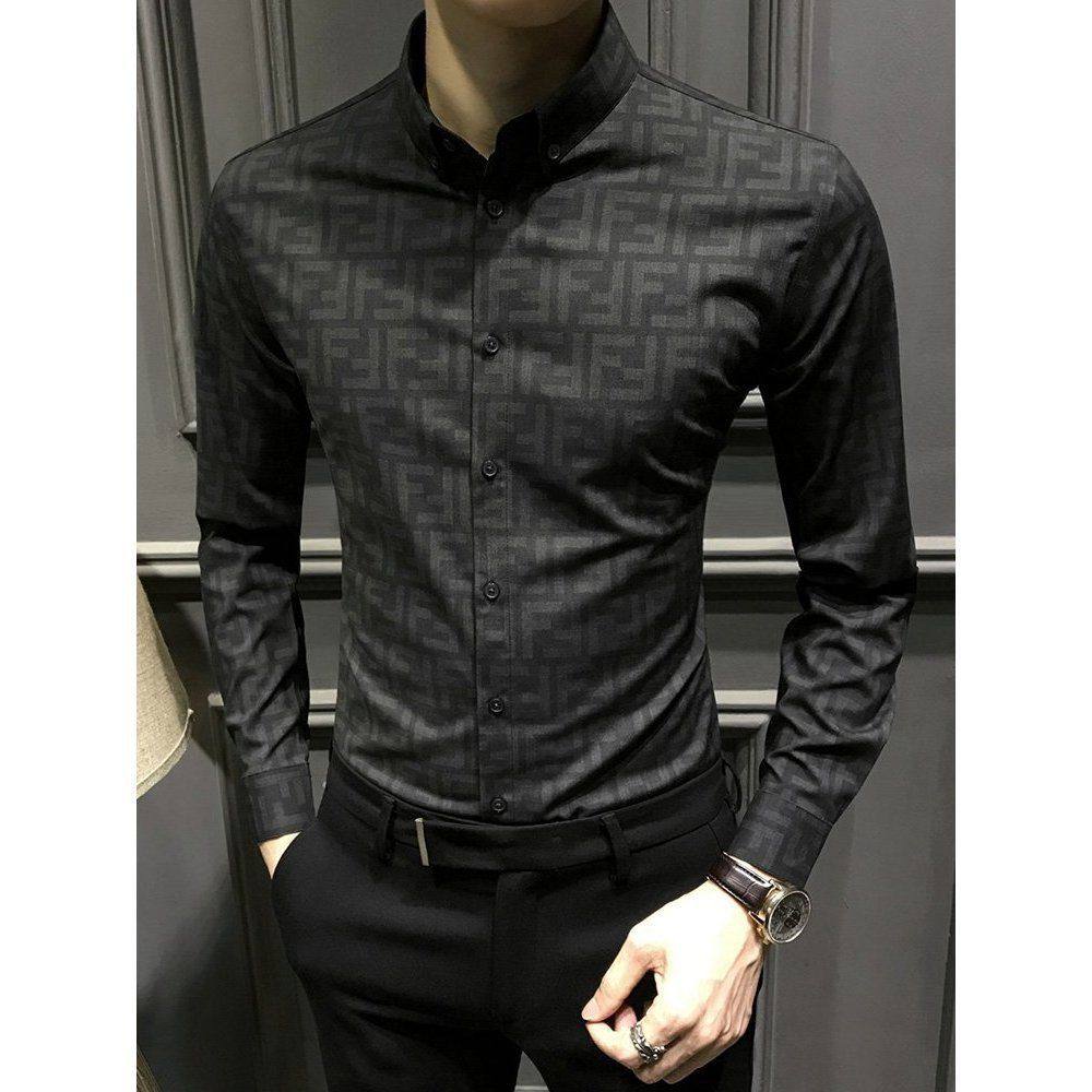 【免烫抗皱】印花衬衣男装免烫韩版休闲高级新款男士长袖衬衫修身