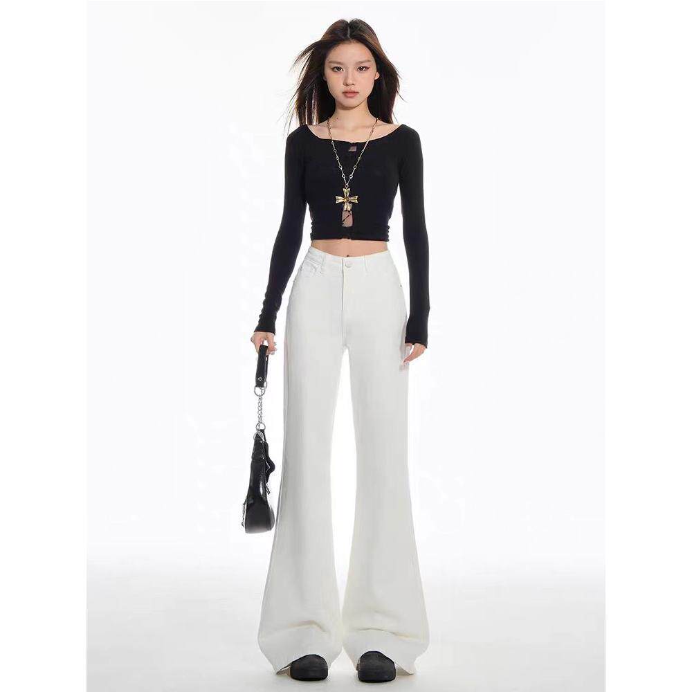 米白色微喇牛仔裤女春秋2026新款显瘦辣妹小个子马蹄喇叭拖地裤女