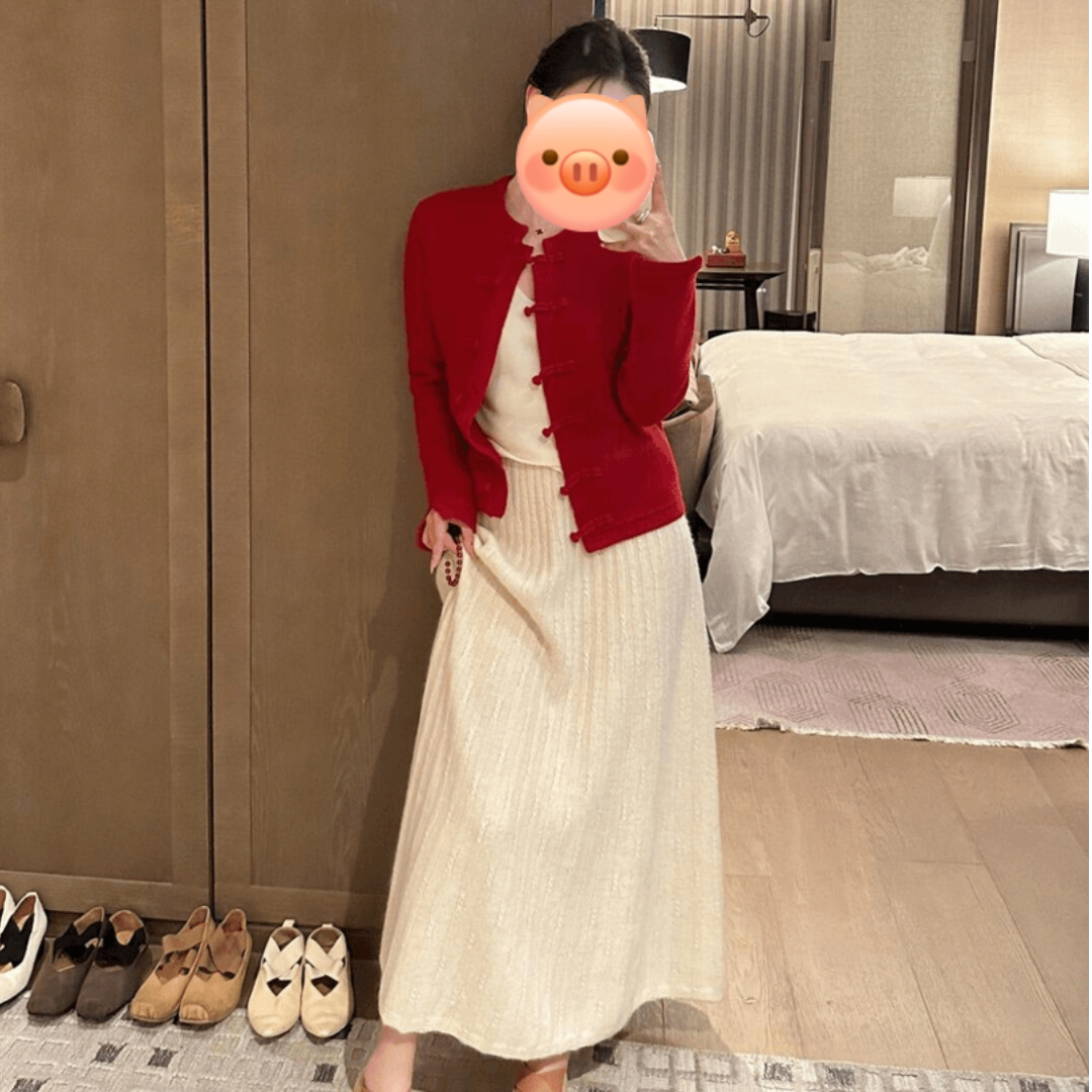红色过年新中式时尚毛衣针织套装女秋冬洋气半身裙两件套