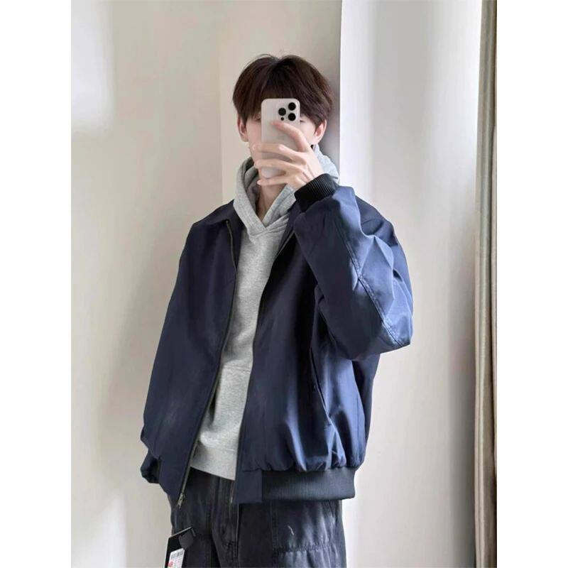 藏青色翻领cleanfit外套男生ootd穿搭棒球服秋冬美式飞行夹克棉服