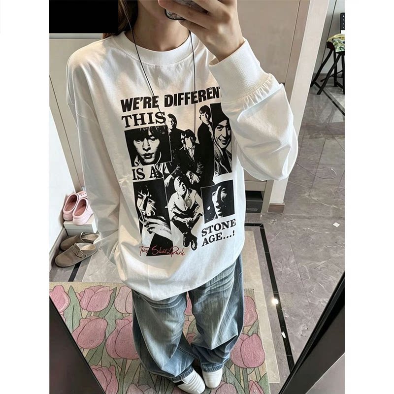 美式ins人物图案印花带螺口长袖T恤男女春秋季新款个性纯棉打底衫