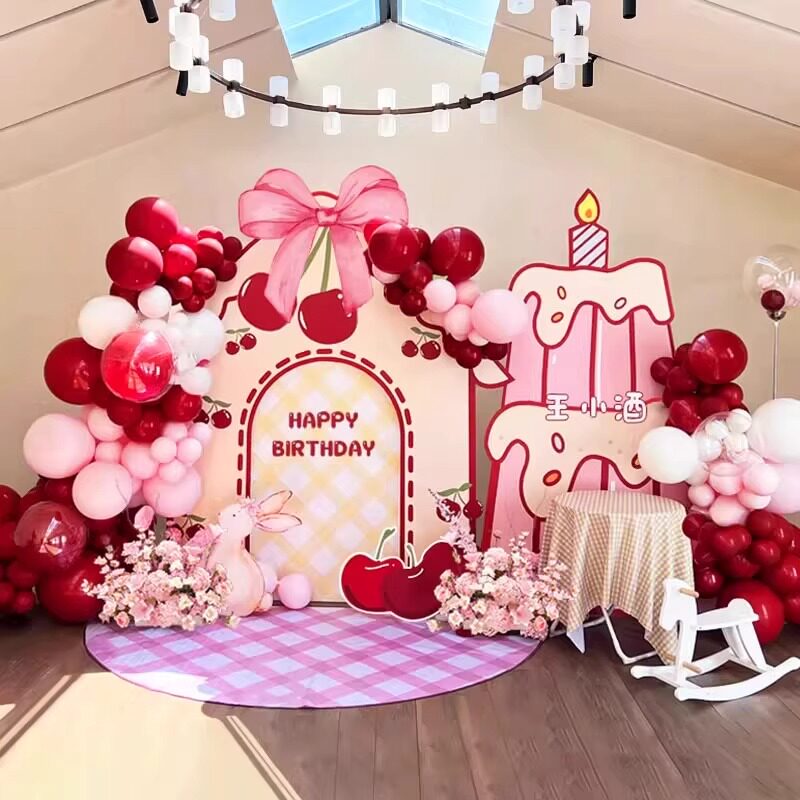 宝宝生日布置卡通樱桃主题周岁男女宝宝宴周岁百天气球派对背景板