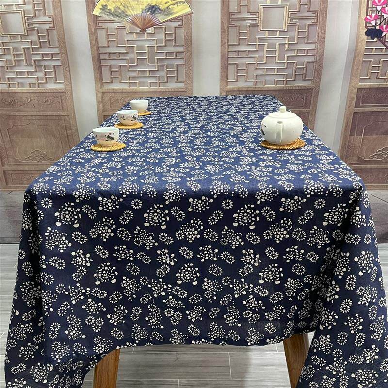 桌布布艺棉麻中国民族风青花中式餐桌茶几台布长方形深蓝覆古印花