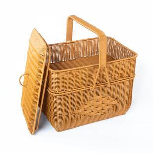 复古藤编婚庆手提礼盒拜神篮仿古双层收纳提篮田园风手提式