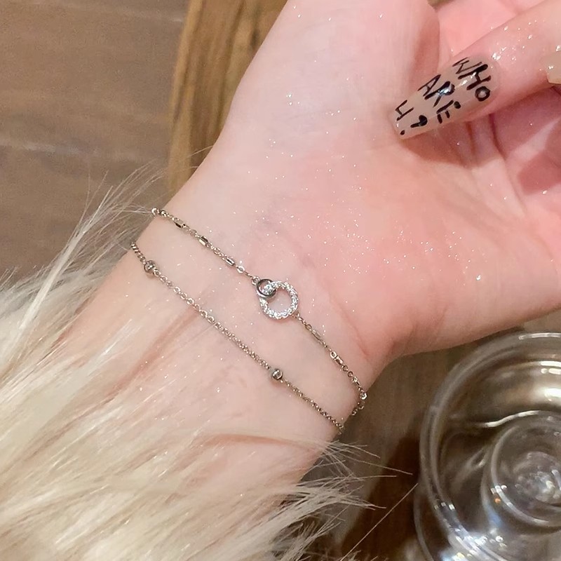银色几何手链女轻奢小众精致叠戴双层双环手饰送女友闺蜜手链