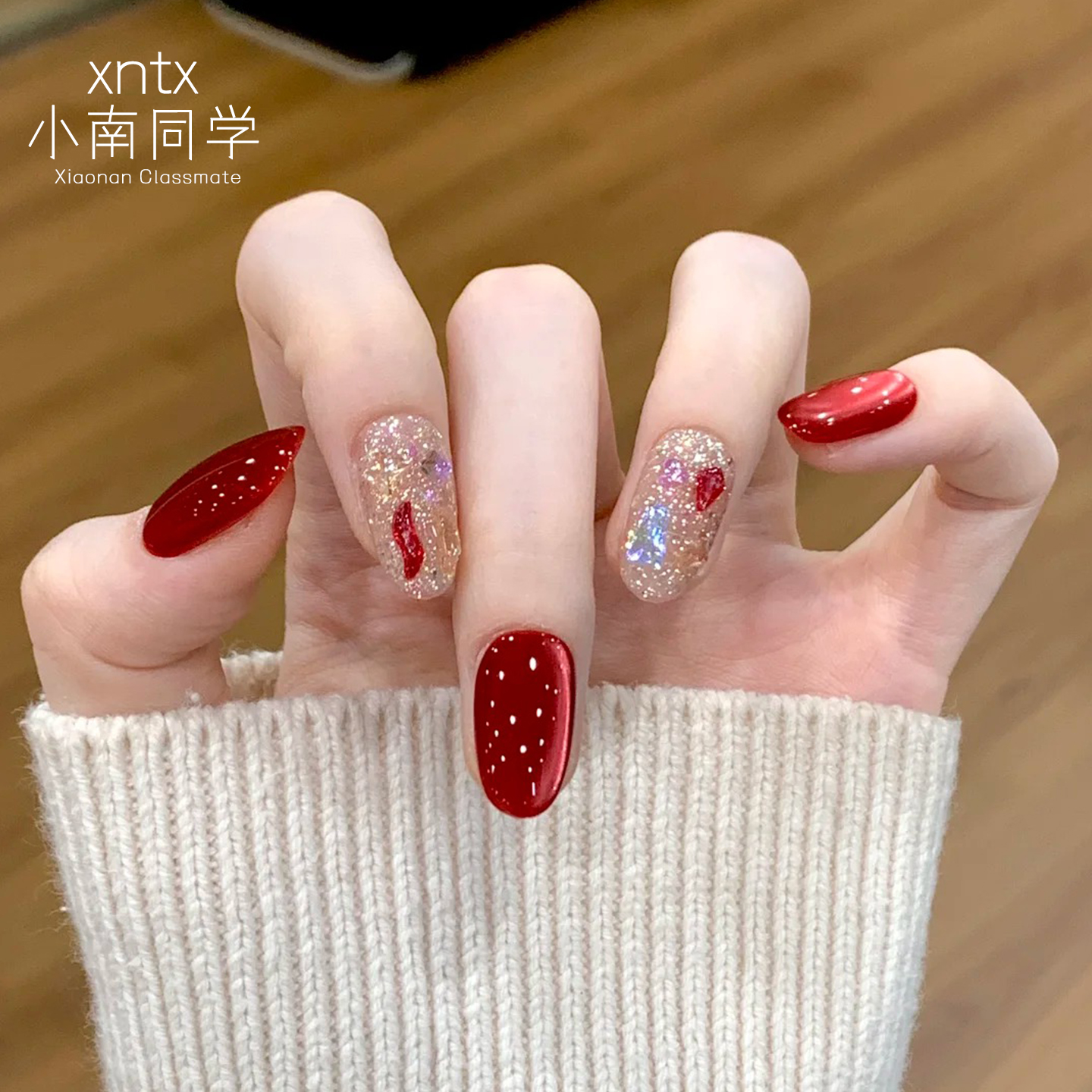 【晶石显白猫眼】红色纯手工美甲