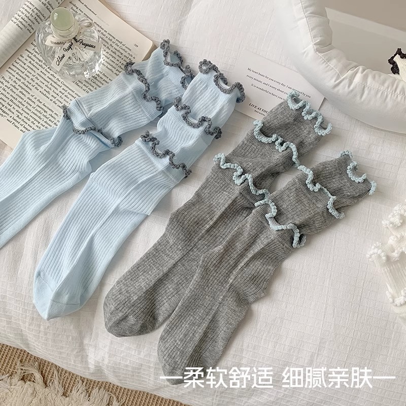 耳边中筒袜韩系蛋糕花边袜甜美学