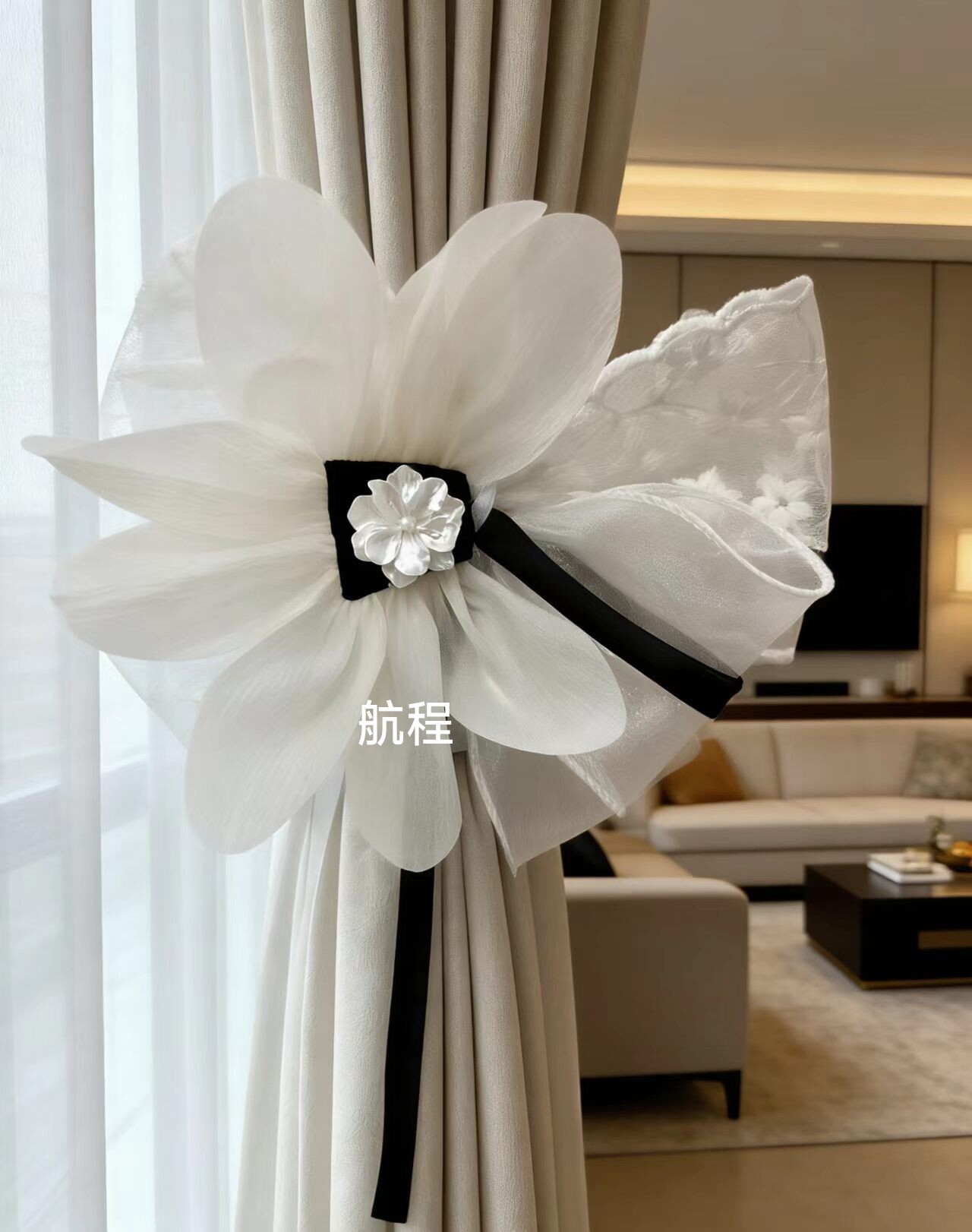 窗帘装饰服超仙立体网纱花朵胸针布艺不规则荷叶长绳飘带扣针绑带