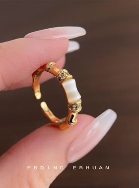 新中式微镶锆石竹节戒指电镀18K开口可调节戒指食指戒指环饰品女