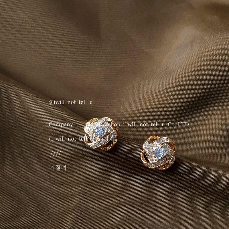 微镶锆石925银针镀14K螺旋结耳钉女 日韩ins简约气质迷你耳饰耳环