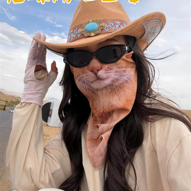 猫咪面罩护颈一体防晒面罩西北沙漠防风防沙口罩户外遮阳面纱挂耳