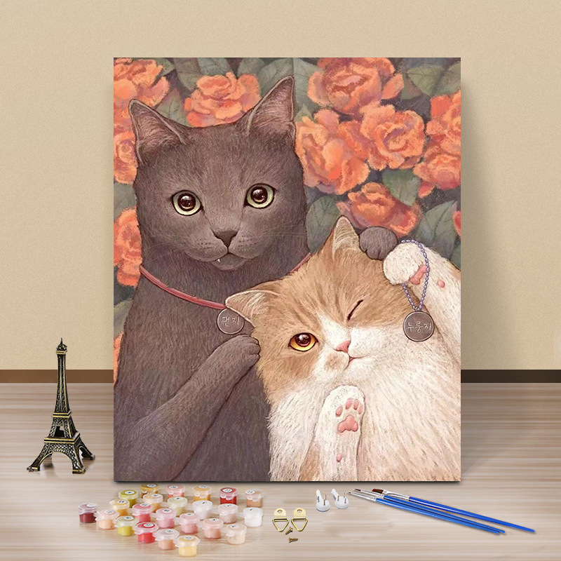 diy数字油画填充简单涂色画油彩画卡通可爱猫咪客厅卧Y室装饰礼物图片