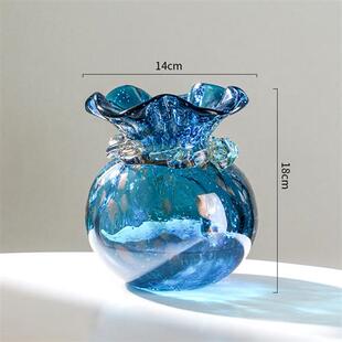 新款 寓意好钱袋子琉璃蓝色花瓶摆件新年客厅样板间玄关餐桌招财摆