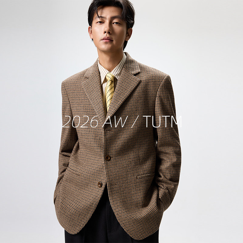 TUTM男装【羊毛混纺】千鸟格毛呢西装外套冬季加厚款垫肩休闲西服