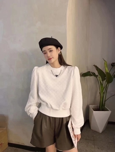 泡泡袖暗纹印花短韩版卫衣欧洲站2025秋季新款卫衣女百搭款炸街