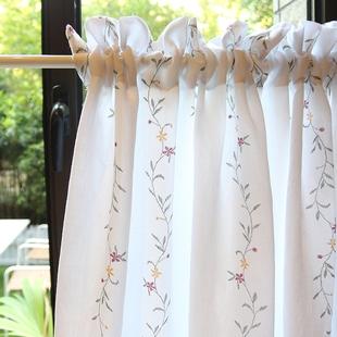 美式 厨房半遮光 乡村藤蔓半帘免打孔穿杆窗帘透光不透人门帘美式