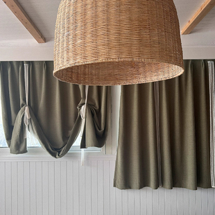 复古绿色橄榄绿蕾丝带遮光窗帘提拉帘门帘罗马帘汽球帘粘贴定制