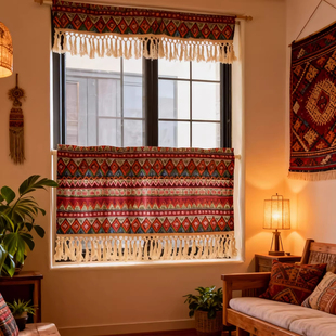 南疆 民族长流苏风复古棉麻窗帘半帘门帘穿杆挂钩定制 老城里