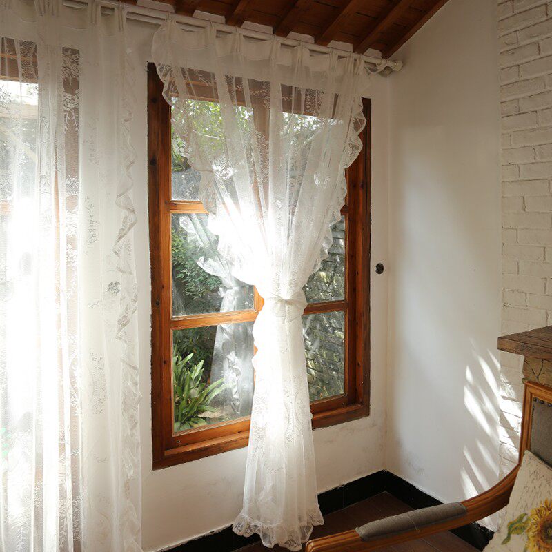 洛丽塔白蕾丝木耳边纱帘田园半帘门帘穿杆帘窗帘美式文艺