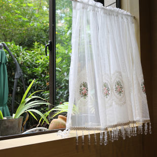 鸢尾乡旅美式 乡村玫瑰纱帘半帘窗帘透光白纱免打也定制魔术贴挂钩