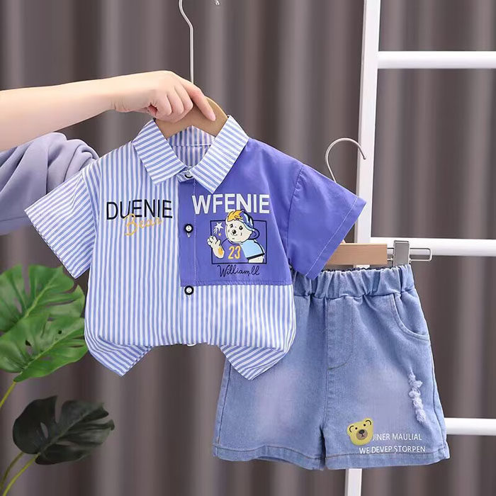 品牌专柜男童衬衫短袖套装新款小童宝宝夏季衬衣两件套婴儿童装潮