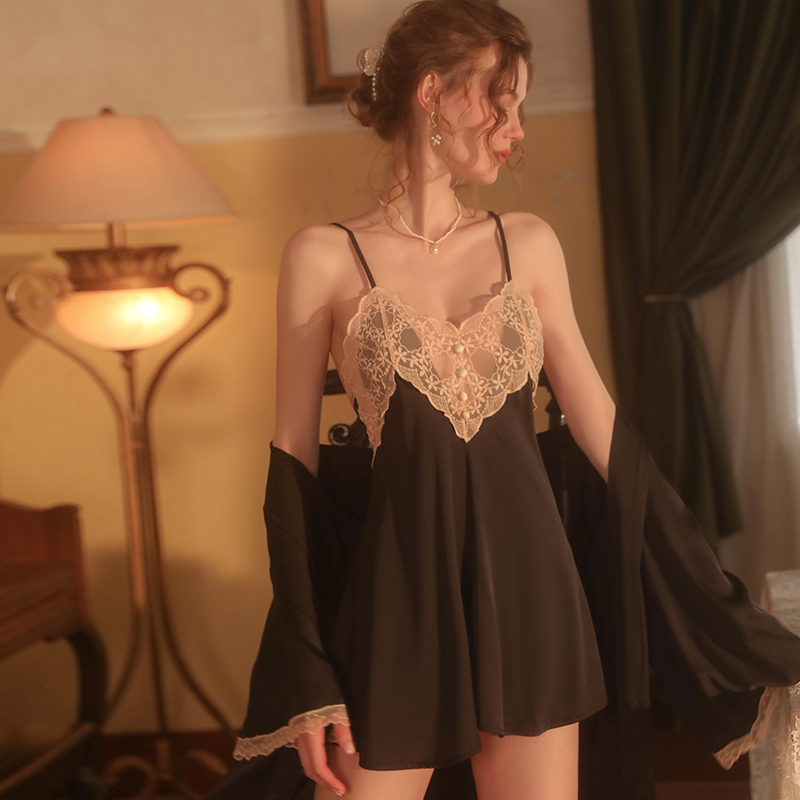 性感冰丝吊带睡裙春秋夏季蕾丝女式睡袍两件套纯欲风丝绸薄款睡衣